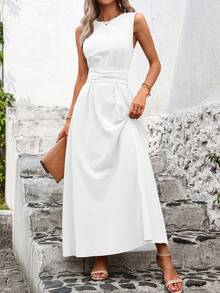 SHEIN Clasi Overlapping Pleated Cinched Waist Solid Color Sleeveless Dress For Women