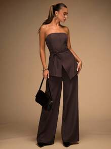 SHEIN BAE Bộ đồ thời trang áo hai dây màu trơn viền bất đối xứng dành cho nữ và quần dài màu nâu Bộ đồ liền thân không dây dành cho nữ Bộ đồ liền thân màu nâu Bộ đồ mùa hè Bộ đồ hai mảnh quần dài cho mùa thu/đông - màu nâu - Xem 1