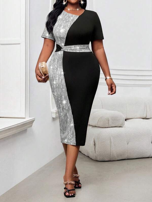 SHEIN Lady Plus Size Summer Autumn Winter Elegant Party Wedding Cocktail Concert/Music Festival Colorful Knitted Round Neck Hip Short Sleeve Dress, Valentine's Day Holiday New Year Party Clothing