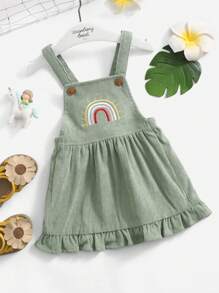 Baby Rainbow Embroidery Ruffle Hem Corduroy Pinafore Dress - Army Green - View 2