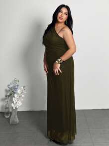 Firerie Damen Große Größen elegantes minimalistisches schickes Mode Alltags Basis Ins Stil professionelles Büro Pendler Influencer Musik Festival Strand Urlaub transparentes asymmetrisches Neckholder gerafftes Bodycon ärmelloses Kleid, Hochzeitsgast Kleid Damen