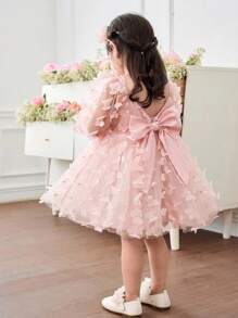 SHEIN 女婴 3D 蝴蝶结编织公主袖连衣裙，适合聚会、派对、郊游等场合