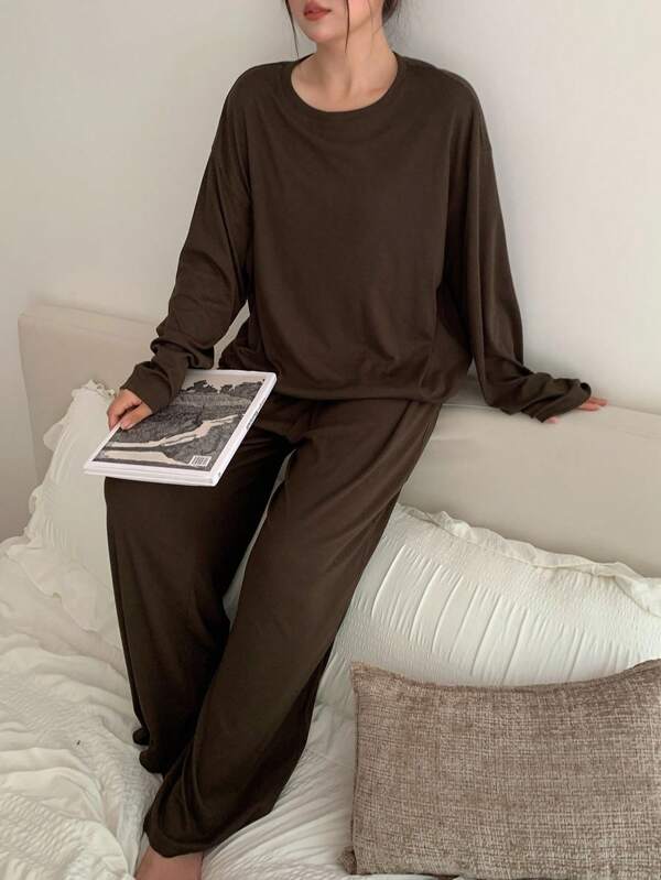 Dazy Plus 2pcs/Set Casual Loose Fit Long Sleeve Top And Pants Pajama Set, Plus Size Women