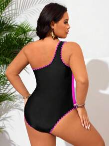 SHEIN Swim Curve Traje de baño de una pieza para mujer de talla grande, bañador casual sexy de un solo hombro para vacaciones