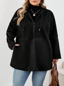 SHEIN CURVE+ Plus Size Women's Black Casual Hooded Long Sleeve Jacket, Autumn Outerwearfall Clothes For Women,Winter,CURVE PLUS/Autumn /Winter - Black - View 4