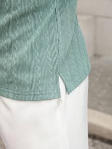 Manfinity Homme Men's Sage Green Knitted Short Sleeve Polo Shirt,High-End Textured Button-Up Collar Golf Shirt,Summer Casual Vacation Wear,Daily Commuting Polo Shirt - Green - View 7