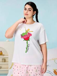 LE PETIT PRINCE X SHEIN Plus Size Women's Summer Fall Autumn Y2k Cleanfit Atry Chic Cute Dreamy  Retro Vintage Casual Vacation Vibe Back To School Clothes Preppy Style  Kawaii  Streetwear Loose White Pink  Comfortable Rose Floral Pattern Round Neck Short Sleeve T-Shirt And Pants Pajama Set, Summer - Multicolor - View 4