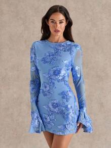 Glamine 女士蓝色纹理提花针织圆领露背喇叭袖迷你连衣裙，浪漫度假、约会、情人节、音乐节、夏季