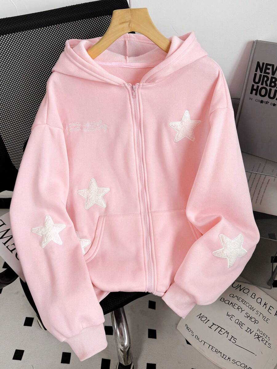INAWLY 女士春秋季字母五角星印花落肩长袖拉链门襟休闲连帽卫衣，毕业季、教师节、返校季套头衫 - 粉色 - 查看 1