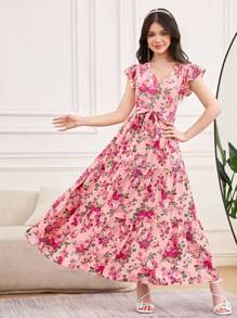 SHEIN Teen Girls' Floral Print Ruffle Sleeve V-Neck Casual Dress - Pink - View 5