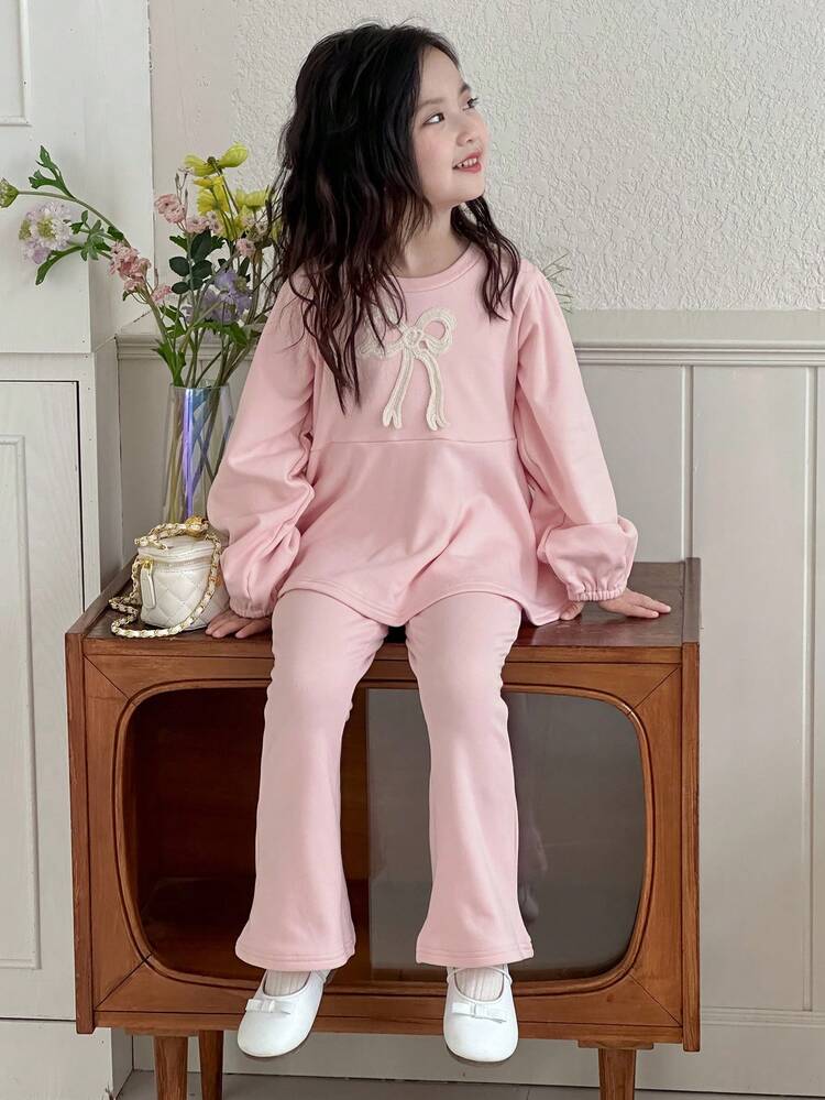 2pcs Young Girl Girls Knitted Fleece Crew Neck Butterfly Decor Puff Sleeve Sweatshirt + Pants Fashion Set, Fall,Winter