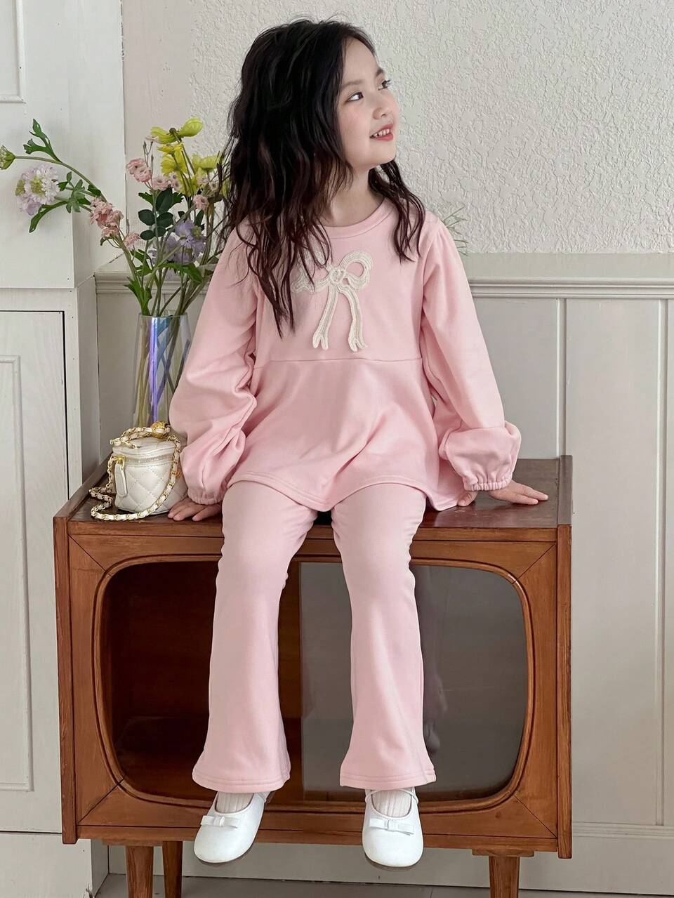 2pcs Young Girl Girls Knitted Fleece Crew Neck Butterfly Decor Puff Sleeve Sweatshirt + Pants Fashion Set, Fall,Winter