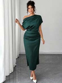 Rafferiza Petite 女式短款缎面垂坠领口不对称肩部不对称褶皱腰部修身 A 字形连衣裙，夏季 - 墨綠色 - 查看 5