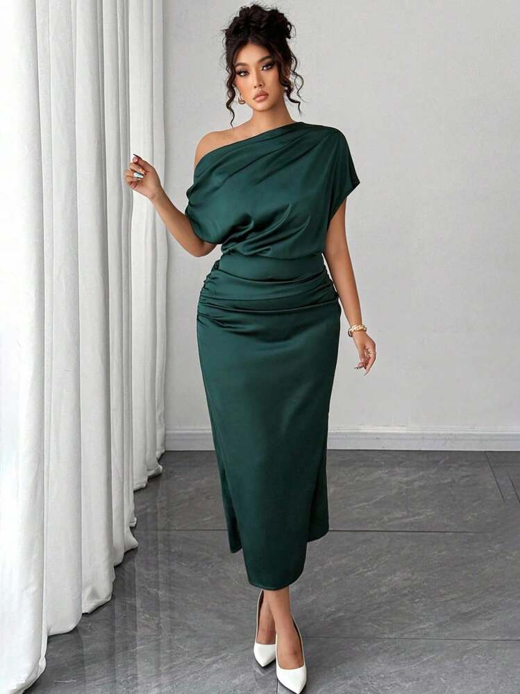 Rafferiza Petite 女式短款缎面垂坠领口不对称肩部不对称褶皱腰部修身 A 字形连衣裙，夏季 - 墨綠色 - 查看 5