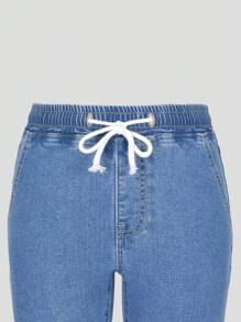 SHEIN 少女Y2K风格牛仔裤，秋冬新款，时尚休闲简约高弹面料，水洗牛仔蓝修身弹力抓绒面料，舒适日常休闲裤，卷边裤脚，抽绳腰带，修身弹力面料，舒适又时尚 - 中等水洗藍 - 查看 8