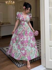 Modelyn 珍珠纽扣装饰交叉领口泡泡袖修身女式连衣裙 - 彩色 - 查看 7