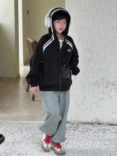 DAZY 男童抓绒连帽外套，撞色抽绳，休闲宽松版型，字母印花，运动风，秋季款