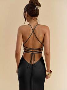 SHEIN BAE Váy đuôi cá dài, hở lưng, cổ chữ V sâu màu mơ và trắng, dây mảnh, chất liệu satin, buộc nơ, đầm thanh lịch, đầm đi nghỉ, đầm phù dâu, đầm dự tiệc sinh nhật, đầm tốt nghiệp/trở lại trường, đầm trắng - màu đen - Xem 3