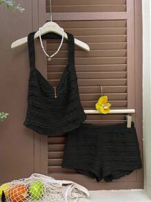 SHEIN EZwear 女式夏季度假纹理露背背心和超短裤套装 - 黑色 - 查看 7