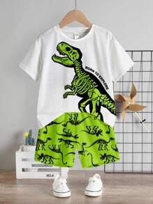 SHEIN Bộ 2 áo thun tay ngắn cổ tròn họa tiết hoạt hình thường ngày cho bé trai và quần short, thích hợp cho mùa hè - Nhiều màu - Xem 2