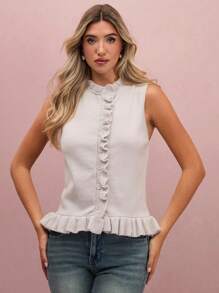 Enchnt Chaleco de punto de mujer de un solo pecho con volantes y bajo de moda de unicolor