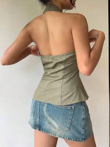 SHEIN EZwear 女士纯棉 Y2K 纯色贝壳纽扣设计吊带上衣，外出 - 橄欖綠 - 查看 2