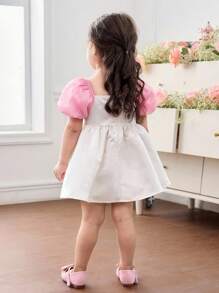 SHEIN Baby Girl Woven Contrast Color Puff Sleeve Snug Fit Dress - Pink - View 2
