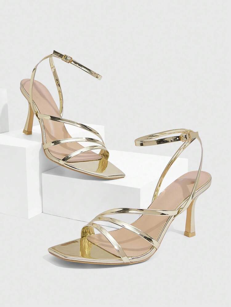 CUCCOO SZL Women's Gold Strap Square Toe High Heel Sandals Prom Heels Summer Shoes