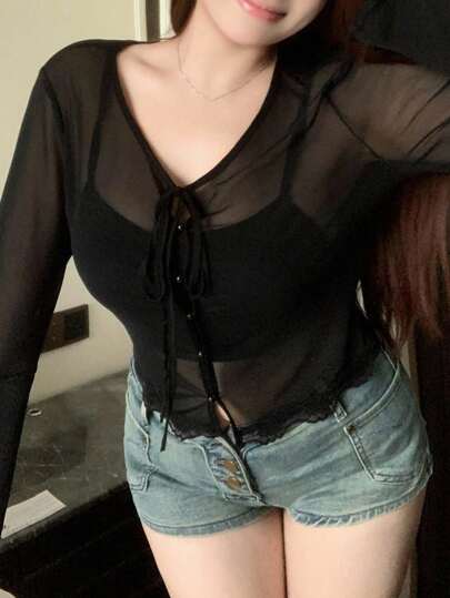 Dazy Plus 女式透视短款系带长袖罩衫