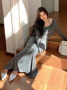 Dazy Plus Gaun Rajut Maxi Lengan Panjang Bodycon Elastis 2 in 1 untuk Wanita Ukuran Plus, Gaun Musim Gugur - Grey - View 4
