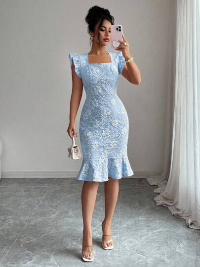 Elenzga Women's Elegant Jacquard Crew Neck Ruffle Armhole Flounce Hem Fitted Knee-Length Dress, Suitable For Commuting In Summer