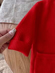 SHEIN LMoss Kids LMoss 女婴可爱简约米色长袖毛衣裙，秋冬