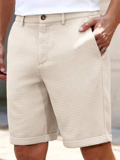 HIMLAND Men's Woven Solid Color Short Mid-Waist Straight Leg Shorts, Suitable For Daily Wear, Spring/Summer Men Khaki Shorts Men Dress Shorts Cream Shorts Men Shorts For Men Casual Men Golf Shorts Men Casual Shorts, Old Money