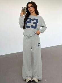 SHEIN PETITE 2件套女士休闲数字印花长袖上衣和长裤套装