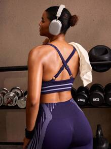 Powerista Sujetador deportivo de rayas para uso diario y fitness para mujeres - Azul - Ver 4