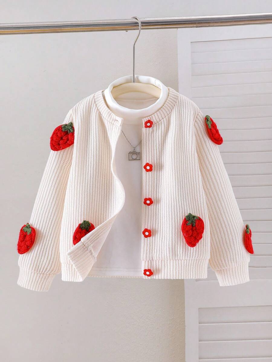 SHEIN Chaqueta de moda para otoño/invierno para niñas (talla pequeña) con decoración de fresa roja linda y cómoda de manga larga en color beige