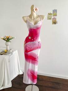 Soleia 女士度假花卉印花低胸露背系带长裙，休闲性感连衣裙，适合夏季度假、约会、下午茶、海滩、游轮、公路旅行、音乐节、波西米亚风度假 - 淺粉色 - 查看 6