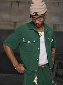 AXEPEAK Bộ 2 áo sơ mi nam họa tiết ngọc trai giả, phong cách đường phố, trang phục thời trang xuân/hè - màu xanh lá - Xem 4