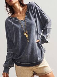 Bohemela Women's Casual Solid Color V-Neck Long Sleeve Loose Washed T-Shirt Travel Slate Blue Autumn - Grey - View 4