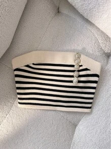 Skyraze 女士时尚条纹抹胸短款针织上衣 - 杏色 - 查看 5