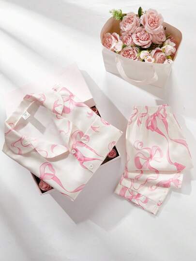 2 pièces Ensemble de tenue de détente pour filles avec Top à manches longues et pantalon décoré d'un nœud rose