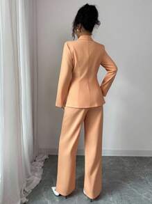 Elenzga Elegant Commuter Elegant Fashion, Lapel Shoulder Long Sleeve Ripped Cinched Waist Linen Woven Fabric Women Jacket, Pleated Long Pants Women Suit Set Fall Cloth For Women