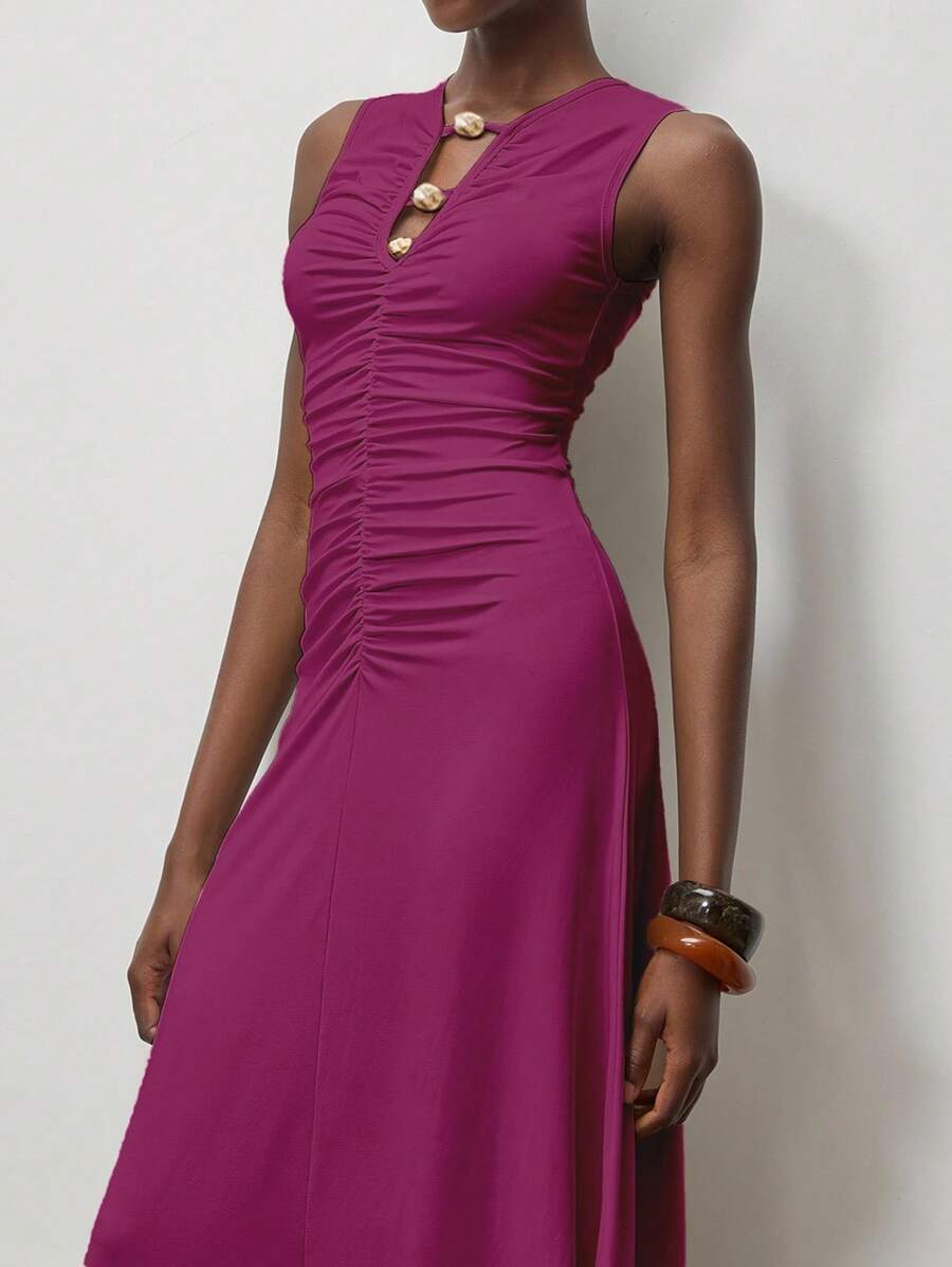 Lumivelle Váy ôm sát không tay xếp ly đính hạt trang trí cho nữ, phù hợp cho mùa xuân/hè, váy hè màu hồng phấn cho trường đại học - Màu Hồng Tươi - Xem 1