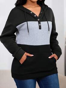 INAWLY 女士纽扣半开襟撞色连帽衫，带抽绳，适合毕业季、返校季、毕业典礼、教师节等场合，秋季返校套头衫 - 彩色 - 查看 5
