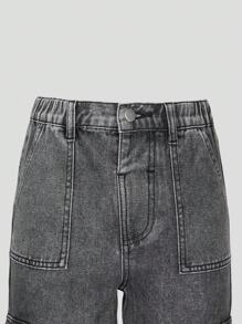 SHEIN 青少年女孩 Y2K 风格牛仔裤，新品上市，灰色水洗牛仔布工装口袋设计，时尚休闲日常百搭，松紧腰带拉链开合，青少年女孩牛仔裤 - 灰色 - 查看 5