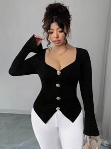 Elenzga 大码 V 领金属纽扣喇叭袖修身 T 恤 - 黑色 - 查看 4