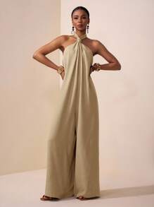 Zivah 2025夏季新款音乐节,复活节,母亲节,婚礼季,出席婚礼,生日派对,日常休闲,百搭百搭,休闲,邮轮旅行,海滩,日光浴,网络热卖,街头潮流,优雅,休闲,露背系带,性感露背,扭纹宽松阔腿连体裤,红棕色,女士