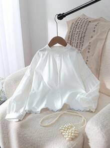 Genkimix Kids New Arrival Korean Style Sweet Elegant Girls' Long Sleeve Loose Blouse With Small Stand Collar, Autumn - White - View 3