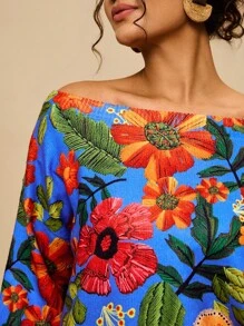 SHEIN VCAY Plus Size Casual Floral Print Off Shoulder Sweater Autumn Winter Clothes For Women - Multicolor - View 4