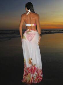 Swim SXY 3 件套女士性感时尚吊带系带比基尼上衣，可调节侧系带三角泳裤和花朵印花松紧腰长裙